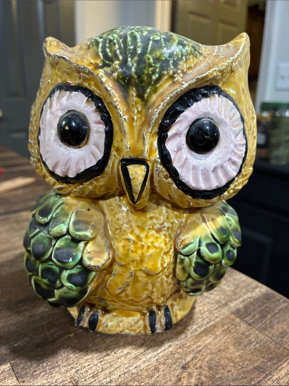 Ceramic Owl Planter Yellow Green White Textured Glossy 6.5in E-2277